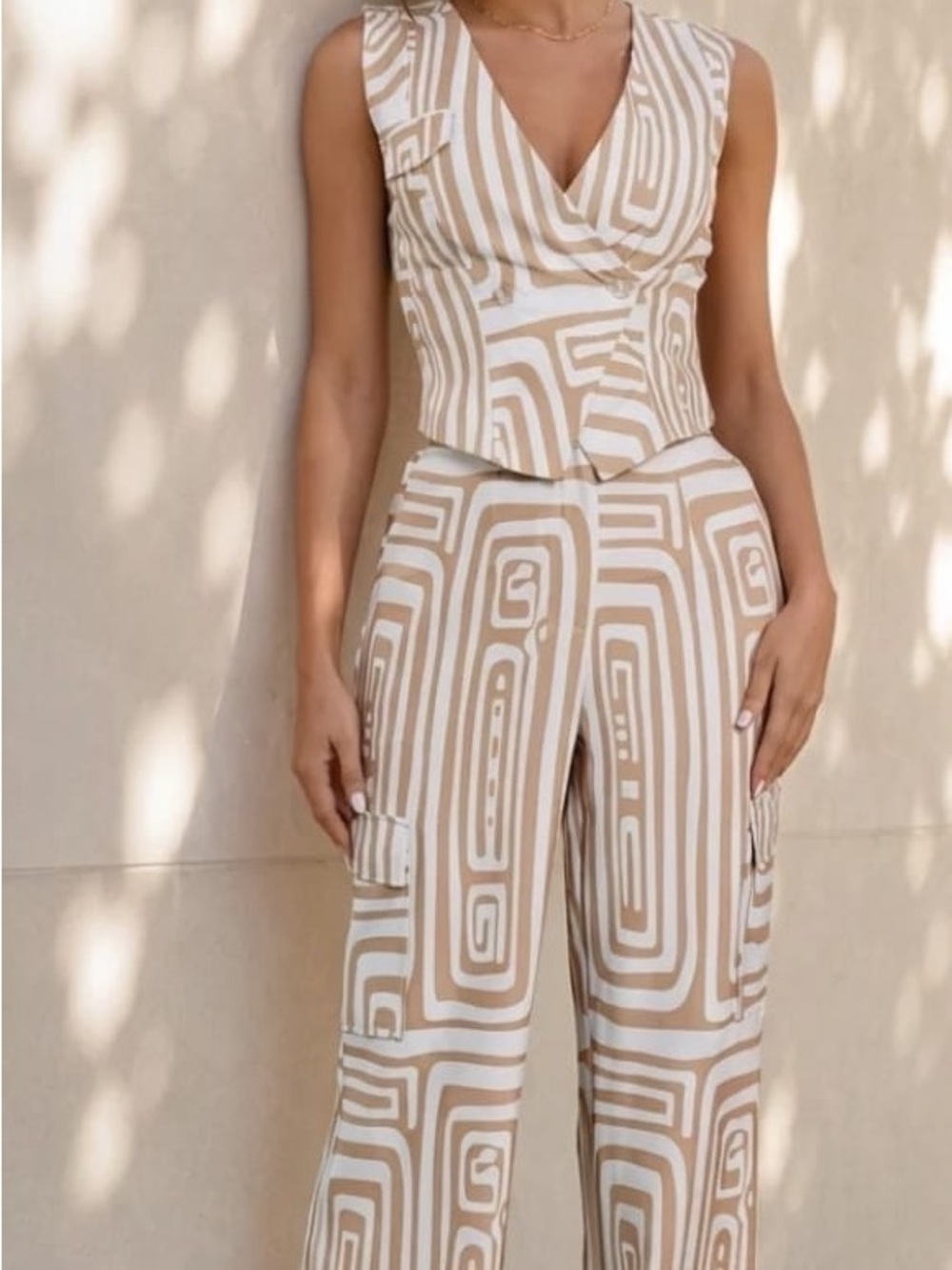 Beige & White Geometric Wide-Leg Jumpsuit